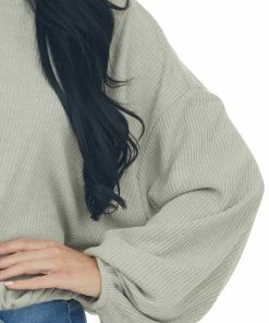 Wishlist Olive Green Long Bubble Sleeve Stretchy Ribbed Knit Top Tops