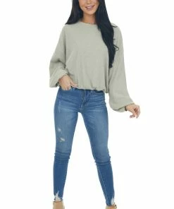 Wishlist Olive Green Long Bubble Sleeve Stretchy Ribbed Knit Top Tops