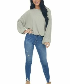 Wishlist Olive Green Long Bubble Sleeve Stretchy Ribbed Knit Top Tops