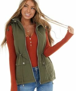 HYFVE Outerwear Olive Green Sleeveless Zip Up Vest With Mock Neckline