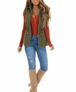 HYFVE Outerwear Olive Green Sleeveless Zip Up Vest With Mock Neckline