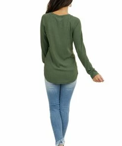 7th Ray Olive Green Waffle Knit Long Sleeve Top With V Stitch Tops