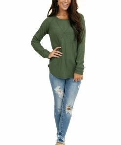 7th Ray Olive Green Waffle Knit Long Sleeve Top With V Stitch Tops