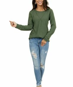 7th Ray Olive Green Waffle Knit Long Sleeve Top With V Stitch Tops