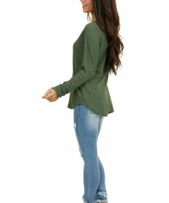 7th Ray Olive Green Waffle Knit Long Sleeve Top With V Stitch Tops