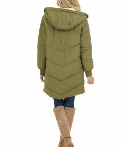 Style Melody Olive Hooded Puffer Coat With Button And Zip Up Closure Outerwear