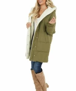 Style Melody Olive Hooded Puffer Coat With Button And Zip Up Closure Outerwear