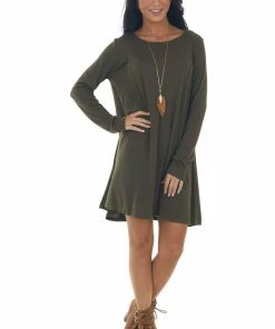 Umgee Olive Knit Long Sleeve Swing Dress