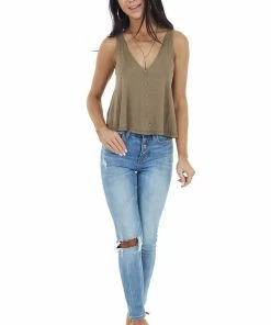 ANGIE Tops Olive Knit Tank Top With Low Cut Back And Button Details