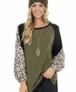 First Love Tops Olive Leopard Print Colorblock Long Sleeve Loose Fit Top