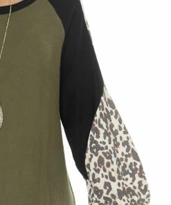 First Love Tops Olive Leopard Print Colorblock Long Sleeve Loose Fit Top