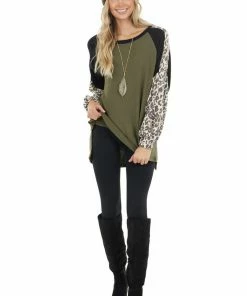 First Love Tops Olive Leopard Print Colorblock Long Sleeve Loose Fit Top