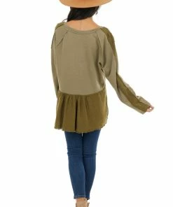 Umgee Olive Long Sleeve Babydoll Top With Raw And Frayed Detail