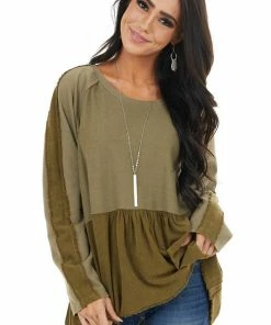 Umgee Olive Long Sleeve Babydoll Top With Raw And Frayed Detail