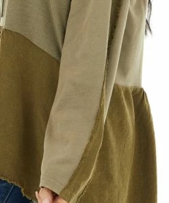 Umgee Olive Long Sleeve Babydoll Top With Raw And Frayed Detail