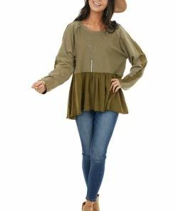 Umgee Olive Long Sleeve Babydoll Top With Raw And Frayed Detail