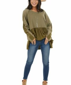 Umgee Olive Long Sleeve Babydoll Top With Raw And Frayed Detail