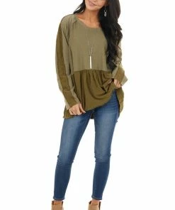 Umgee Olive Long Sleeve Babydoll Top With Raw And Frayed Detail