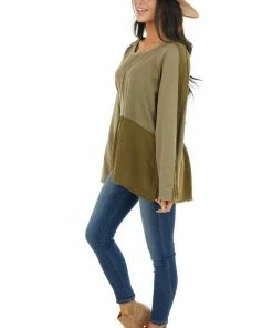 Umgee Olive Long Sleeve Babydoll Top With Raw And Frayed Detail