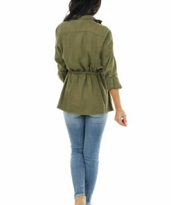 C'est Toi Olive Long Sleeve Jacket With Front Pocket Details
