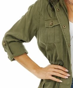C'est Toi Olive Long Sleeve Jacket With Front Pocket Details