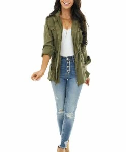 C'est Toi Olive Long Sleeve Jacket With Front Pocket Details