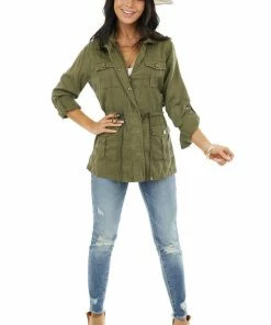 C'est Toi Olive Long Sleeve Jacket With Front Pocket Details