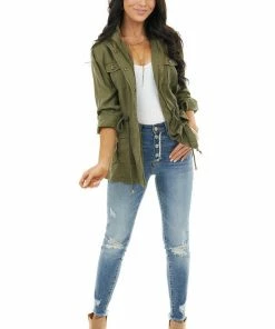 C'est Toi Olive Long Sleeve Jacket With Front Pocket Details