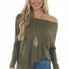 FSL APPAREL Tops Olive Long Sleeve Stretchy Knit Top With Boat Neckline