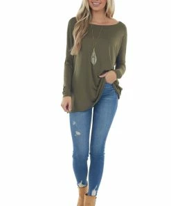 FSL APPAREL Tops Olive Long Sleeve Stretchy Knit Top With Boat Neckline