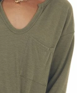 BiBi Olive Notch Neck Chest Pocket Thermal Top Tops