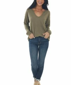 BiBi Olive Notch Neck Chest Pocket Thermal Top Tops
