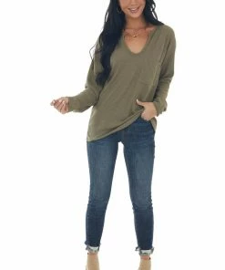 BiBi Olive Notch Neck Chest Pocket Thermal Top Tops