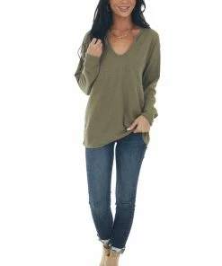 BiBi Olive Notch Neck Chest Pocket Thermal Top Tops