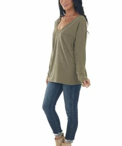BiBi Olive Notch Neck Chest Pocket Thermal Top Tops