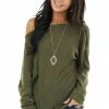 CY Fashion Olive Off Shoulder Waffle Knit Top With Zipper Detail Tops
