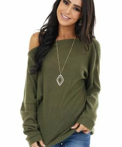 CY Fashion Olive Off Shoulder Waffle Knit Top With Zipper Detail Tops