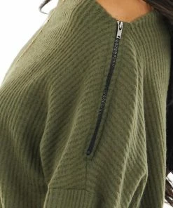 CY Fashion Olive Off Shoulder Waffle Knit Top With Zipper Detail Tops 25 CY Fashion Olive Off Shoulder Waffle Knit Top With Zipper Detail Tops