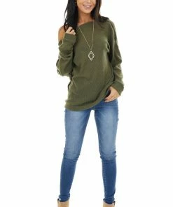CY Fashion Olive Off Shoulder Waffle Knit Top With Zipper Detail Tops 20 CY Fashion Olive Off Shoulder Waffle Knit Top With Zipper Detail Tops