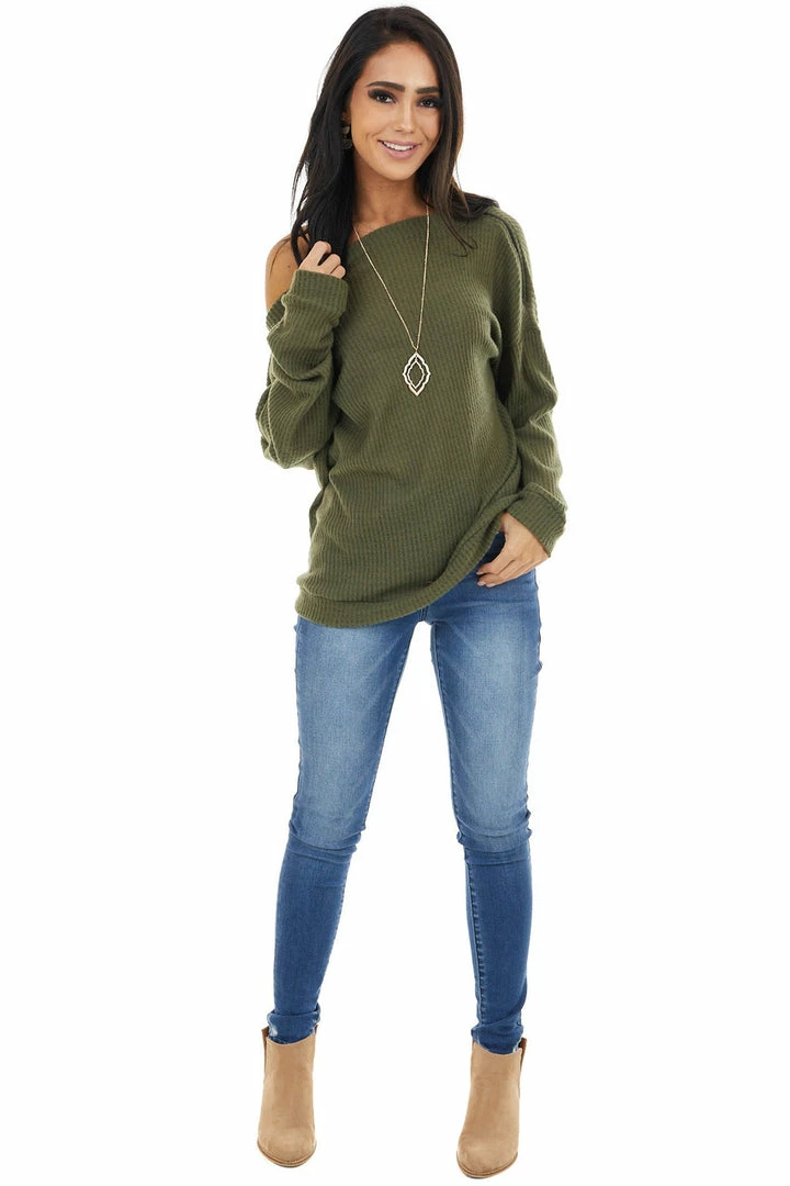 CY Fashion Olive Off Shoulder Waffle Knit Top With Zipper Detail Tops 5 CY Fashion Olive Off Shoulder Waffle Knit Top With Zipper Detail Tops