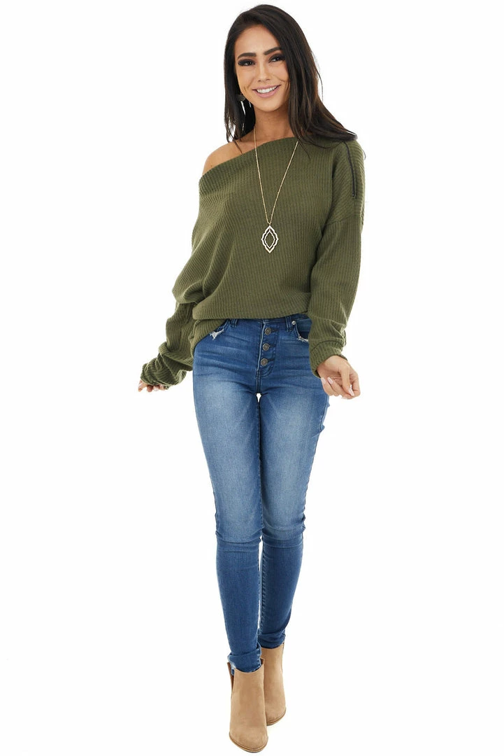 CY Fashion Olive Off Shoulder Waffle Knit Top With Zipper Detail Tops 7 CY Fashion Olive Off Shoulder Waffle Knit Top With Zipper Detail Tops