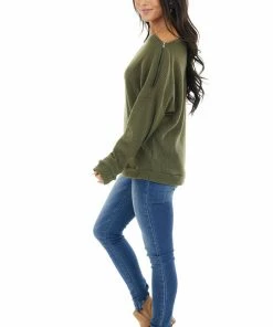 CY Fashion Olive Off Shoulder Waffle Knit Top With Zipper Detail Tops 23 CY Fashion Olive Off Shoulder Waffle Knit Top With Zipper Detail Tops
