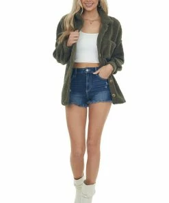 143 Story Olive Sherpa Button Up Bubble Sleeve Shacket