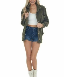 143 Story Olive Sherpa Button Up Bubble Sleeve Shacket