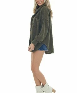 143 Story Olive Sherpa Button Up Bubble Sleeve Shacket