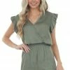 Umgee Olive Surplice Ruffle Sleeve Silky Romper 2 Umgee Olive Surplice Ruffle Sleeve Silky Romper