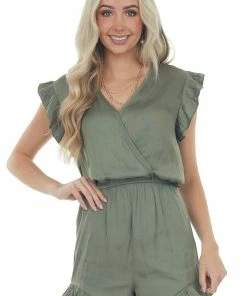 Umgee Olive Surplice Ruffle Sleeve Silky Romper