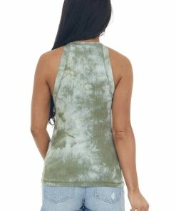 Aemi + Co Olive Tie Dye Halter Neck Ribbed Tank Top Tops 12 Aemi + Co Olive Tie Dye Halter Neck Ribbed Tank Top Tops