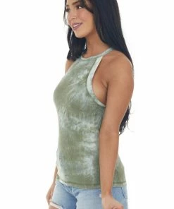 Aemi + Co Olive Tie Dye Halter Neck Ribbed Tank Top Tops 11 Aemi + Co Olive Tie Dye Halter Neck Ribbed Tank Top Tops