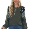 7th Ray Olive Waffle Knit Top With Contrast Shoulders Tops